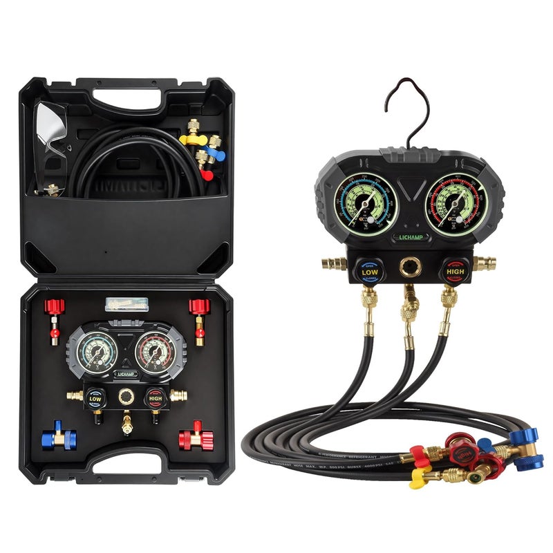 Lichamp AC R134A Gauge Set, Automotive Manifold Gauge Compatible with R32 R134A and R410 Refrigerants, Works on Car Freon Charging and Evacuation - Image 1